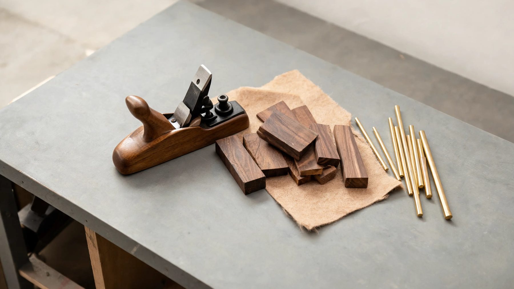 Workshop bench with a hand plane, walnut offcuts and brass rod stock